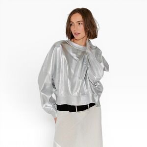 Free People Gaia Metallic Silver Foil Coated Oversized Sweatshirt S Sold Out NWT